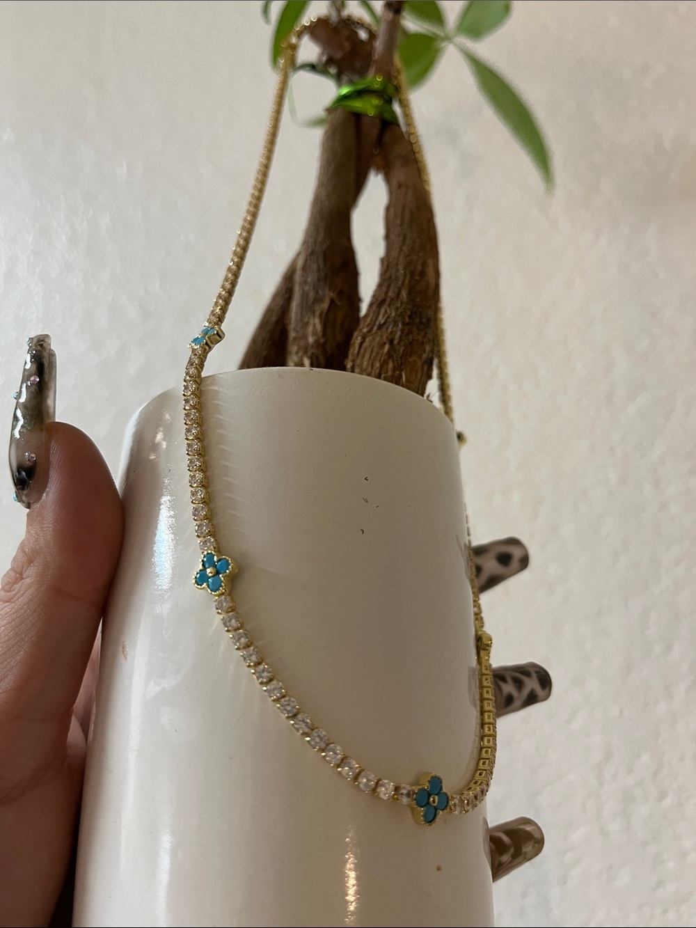 18k gold Necklace with turquoise Flower Accents - Women's Jewelry